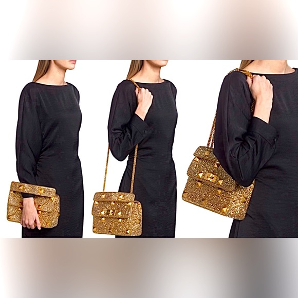 NEWš„Valentino Garavani Roman Stud Crystal Embellished MatelassĆ© Satin Bagš„ - Picture 7 of 13